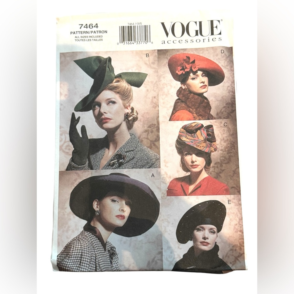 Elegant #7464 VOGUE Retired Sewing Pattern UNCUT Women's Hats High Society